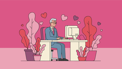 Smiling senior executive working at desk surrounded by pink plants and floating hearts Love concept