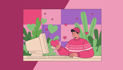 Guy sending digital love heart on retro computer Online dating social media connection