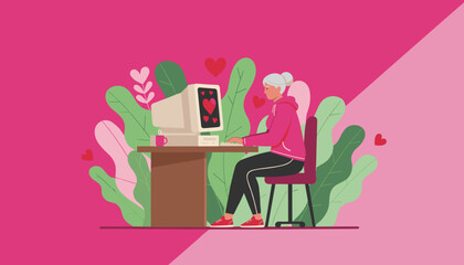 Senior woman finds love online using a vintage computer surrounded by hearts and plants