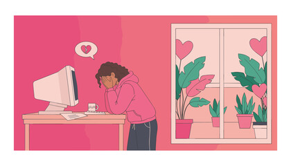Distressed woman receives bad news online symbolized by a broken heart Sadness rejection and grief concept