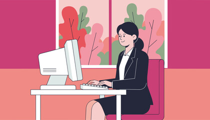 Smiling businesswoman typing on a computer keyboard in a colorful modern office Productivity vector