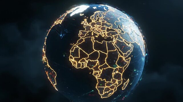 Digital Earth Globe Forming with Golden Lines Against Dark Cloudy Background with Dramatic Lighting