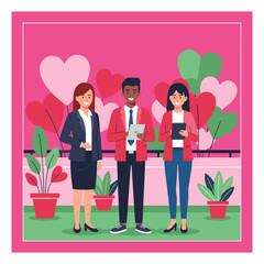 Smiling diverse business team standing among heart decorations Collaboration partnership and successful work