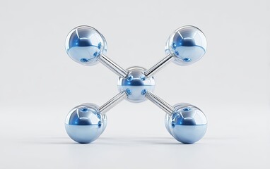 Metallic molecular structure with central sphere and four surrounding spheres, on white