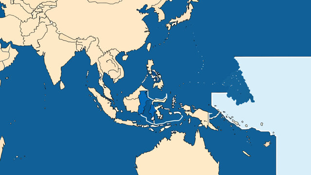 Map of Southeast Asia and Oceania with Indonesia highlighted in blue, Geographic Political Map for Travel and Education