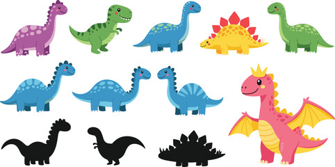 Obraz premium Cute Cartoon Dinosaurs and Pink Dragon Vector Collection with Silhouettes for Kids Education Nursery Decor and Scrapbooking Design Projects