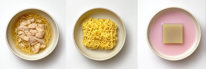 Three dishes with noodles and a gelatinous cube, on white background, light and airy