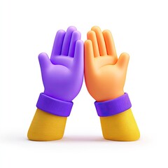 Two cartoon hands high-fiving; one purple, the other orange. Yellow sleeves, purple cuffs
