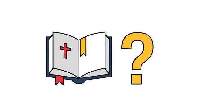 Open Bible with Cross Icon and Question Mark, Religious Inquiry Concept, Vector Illustration for Faith and Spirituality Themes