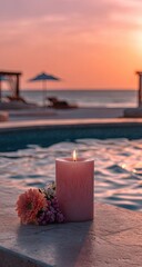 Pink candle and flowers by pool with sunset and ocean