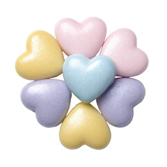 Obraz premium Assorted pastel heart shaped candies clustered neatly with glossy sugar shells, soft highlights and smooth rounded edges for a sweet romantic assortment, isolated on transparent background.