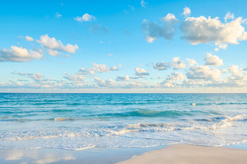 Serene ocean waves gently lapping the sandy beach. © tbralnina