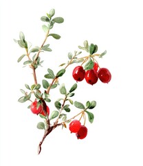 Watercolor rendering of a cranberry branch, showcasing red berries and green foliage