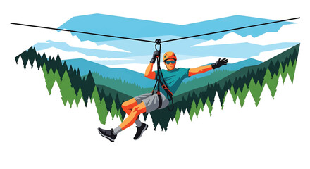 Young man ziplining across a deep forest valley, modern vector illustration highlighting speed, adrenaline, courage, and extreme outdoor adventure experience © meeblues