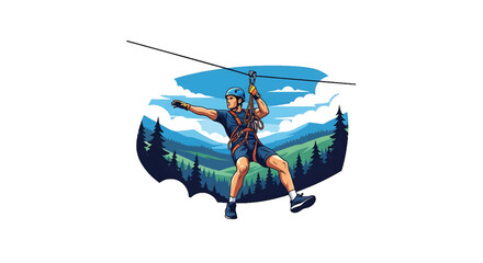 Young man ziplining across a deep forest valley, modern vector illustration highlighting speed, adrenaline, courage, and extreme outdoor adventure experience © meeblues
