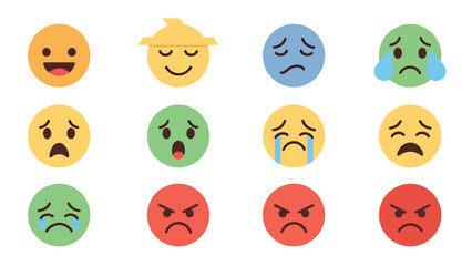 Obraz premium Set of 12 Diverse Emotion Faces Icons in Flat Design Style, Expressing Happiness, Sadness, Anger, and Surprise, Isolated on White Background for UI and UX Design Elements