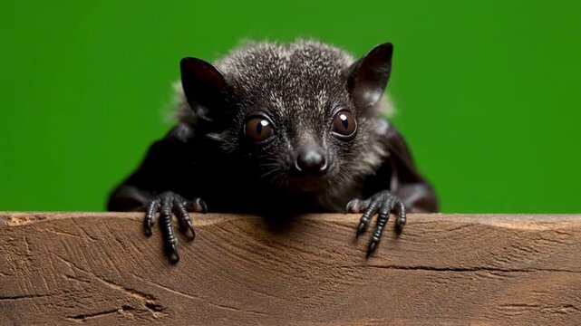 An adorable bat, with its distinctive features, rests on wooden perch, gazing inquisitively toward the viewer in a close-up shot against a green background.