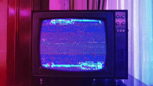 1980s television with glitches, vintage old crt tv noise distortion interferences