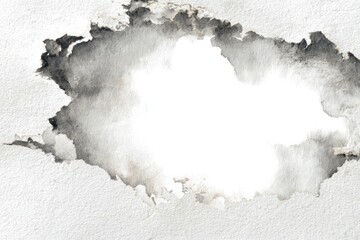 Abstract watercolor artwork features a torn paper effect, with a white center and gray edges