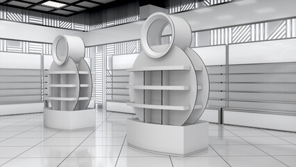 Mockup of cardboard POS display stands with round design in a retail store interior. 3d illustration © Wire_man