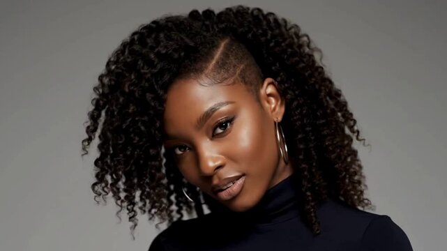 A portrait of beauty, a stunning woman with elegant and unique hairstyle. The portrait emphasizes natural beauty and confidence.