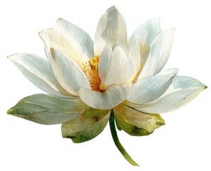 Watercolor depiction of a white lotus flower in full bloom, soft light on petals
