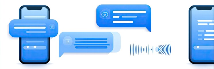 Illustration of a phone with messaging bubbles and an audio waveform. Digital communication concept