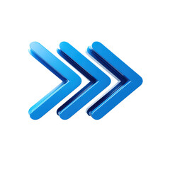 Obraz premium Three blue fast forward chevrons pointing right in a sleek icon style with motion emphasis and clean edges, isolated on transparent background.