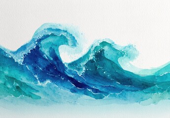 Watercolor painting of stylized ocean waves in shades of blue and turquoise