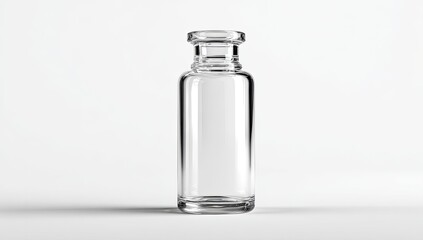 A tall, clear glass bottle with a square base, cylindrical body, and a short neck