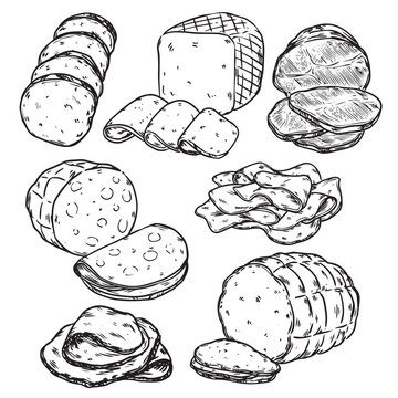 Various type of hand drawn sliced pork ham outline drawing illustration