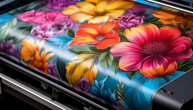 close up of a large format printer producing a vivid floral image precision printing and vibrant colors showcase the technology in action