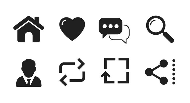 Collection of simple black glyph icons representing common digital actions