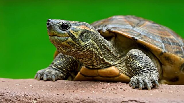A detailed macro shot captures a serene turtle on a rock, with a blurred green background.