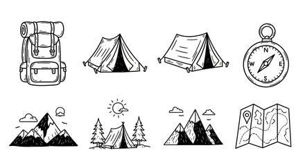 Fototapeta premium Camping equipment illustration featuring a backpack tent compass and mountain scenery