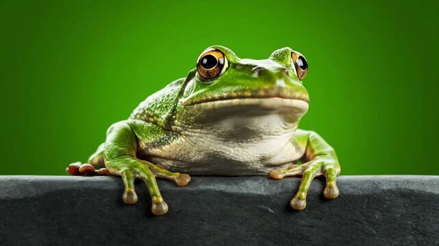 green frog peeking over a ledge on a green background