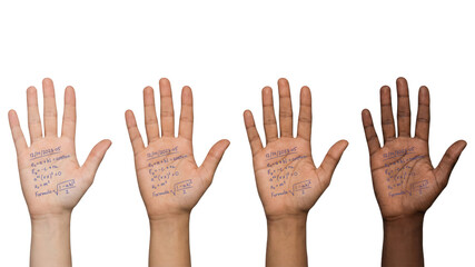 Obraz premium Math on Hands: Diverse Skin Tones & Handwritten Formulas