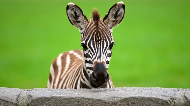 An eye-level shot captures a zebra, gazing directly towards the camera, against a vibrant green backdrop.