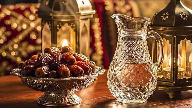 Elegant Ramadan setup with dates and water pitcher on wooden table