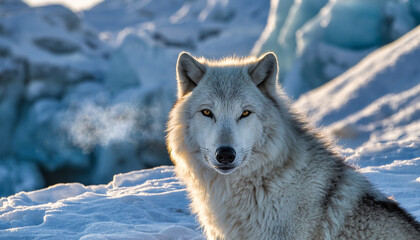 Obraz premium Majestic Arctic wolf with piercing yellow eyes in a frosty, icy, and snowy landscape bathed in soft sunlight