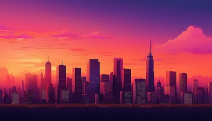 Obraz premium cityscape silhouette against a vibrant pink and orange gradient sky tall buildings stand as dark shapes under the colorful light urban twilight