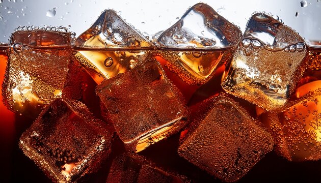 soda with ice close up of the ice cubes in cola water texture of carbonate drink with bubbles in glass cola soda and ice splashing fizzing or floating up to top of surface cold drink background