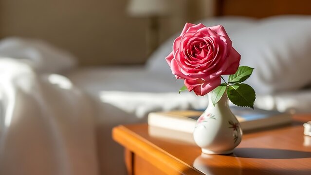 Single rose in a small vase placed on a wooden table beside a bed with white sheets in a cozy room