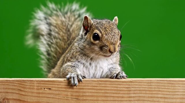 A curious squirrel rests its paws on a wooden surface against a vivid green backdrop. This image encapsulates the essence of wildlife.
