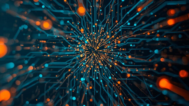 Vibrant circuit board with glowing orange and blue lights
