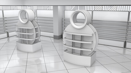 Mockup of cardboard POS display stands with round design in a retail store interior. 3d illustration © Wire_man