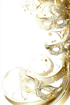 Gold masquerade masks with confetti on white background. Elegant carnival invitation border with copy space. Vertical golden party celebration background