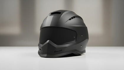Fototapeta premium Biker black helmet on white surface in studio style, black safety helmet, modern studio lighting, high quality 
