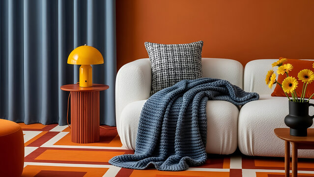 Eclectic living room with bold colors and retro lamp