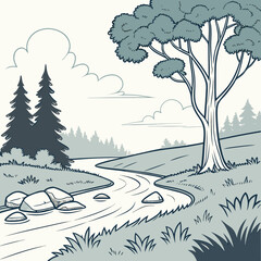 Calm River Landscape with Minimalist Forest and Sky